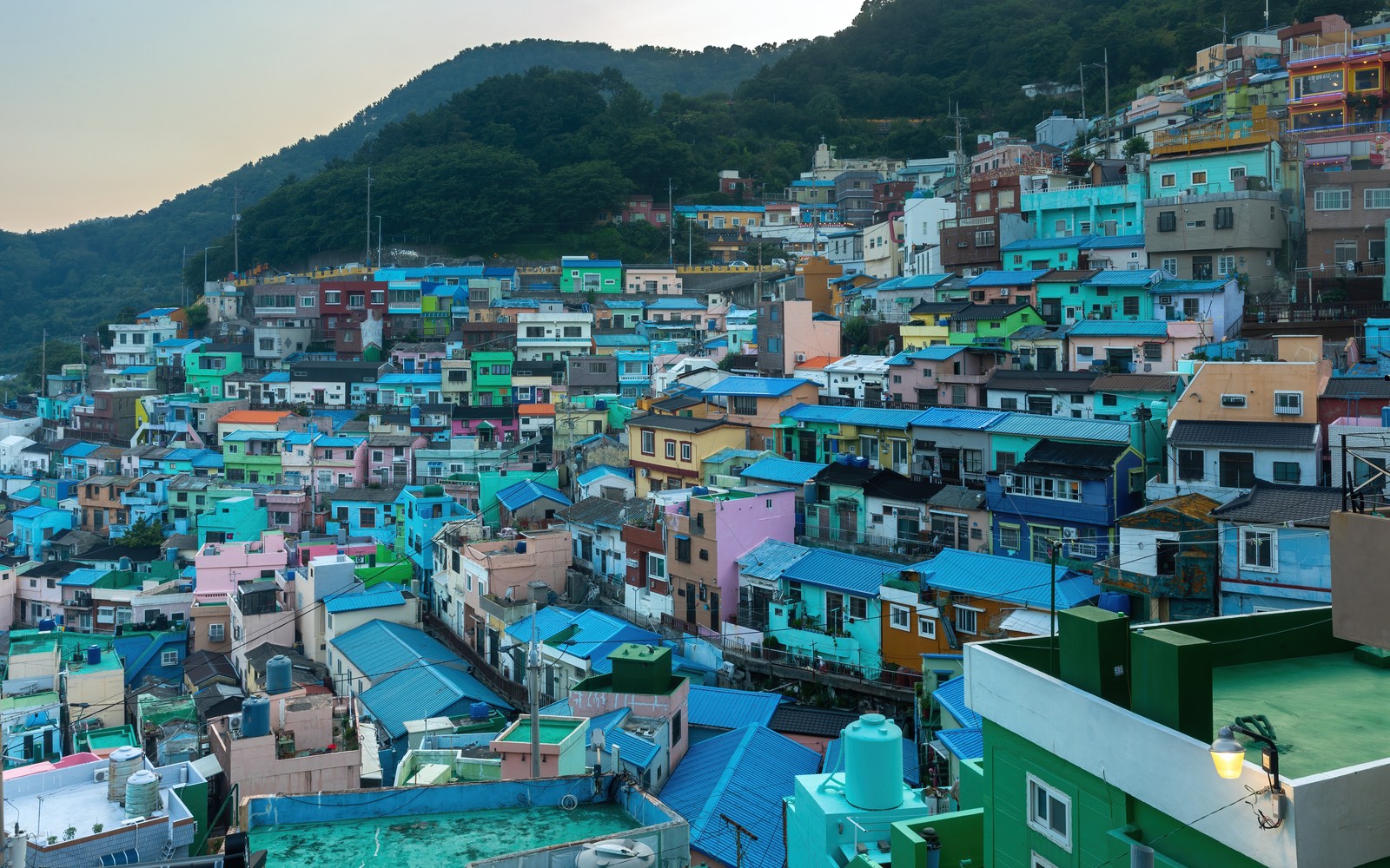 해 질 무렵 부산 감천문화마을 산비탈에 겹겹이 자리한 푸른색과 분홍색 주택들