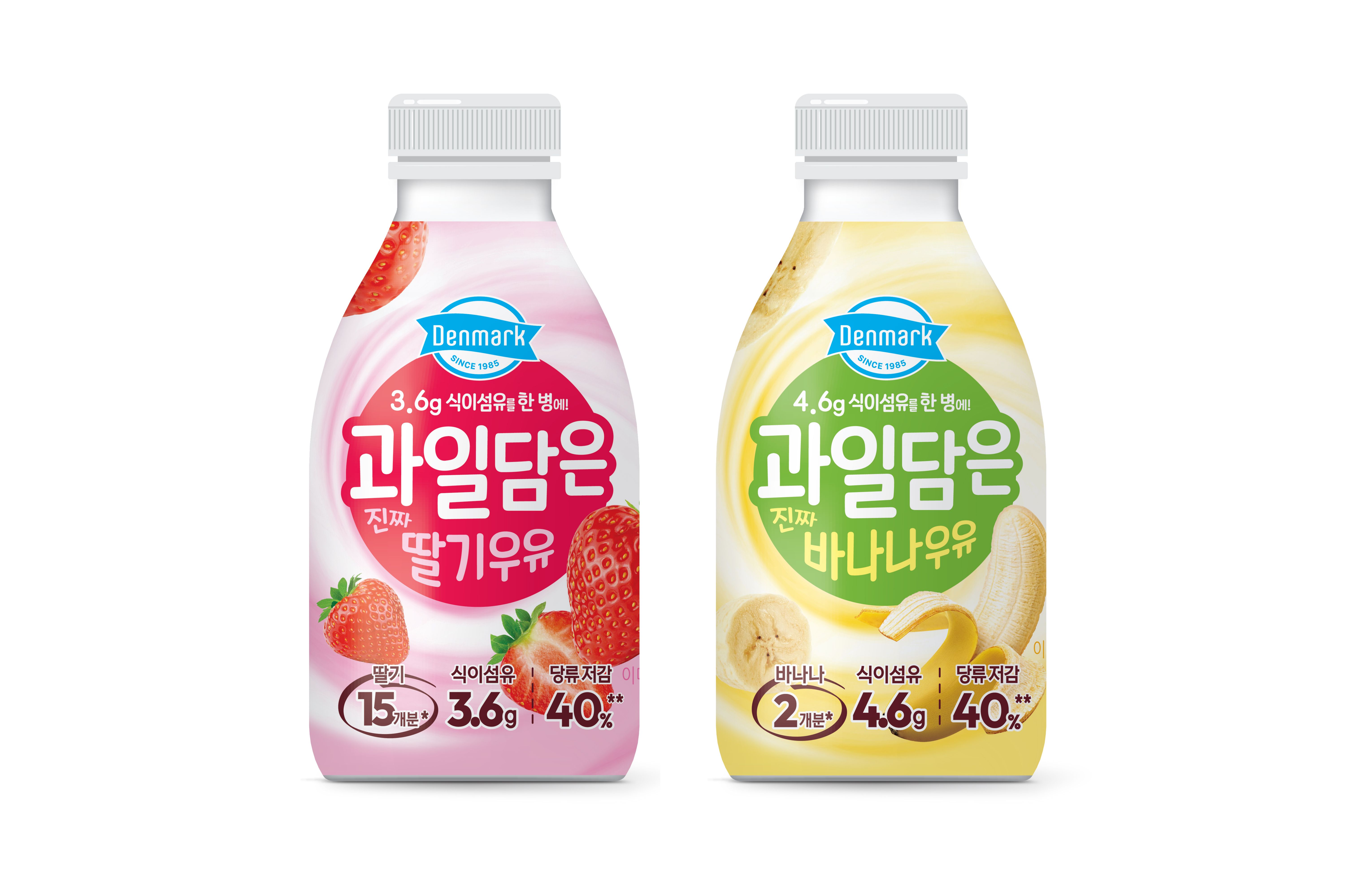 흰 바탕 위 분홍색 딸기우유와 노란색 바나나우유 병, 앞면에 식이섬유 3.6g과 4.6g이 각각 표시돼 있다