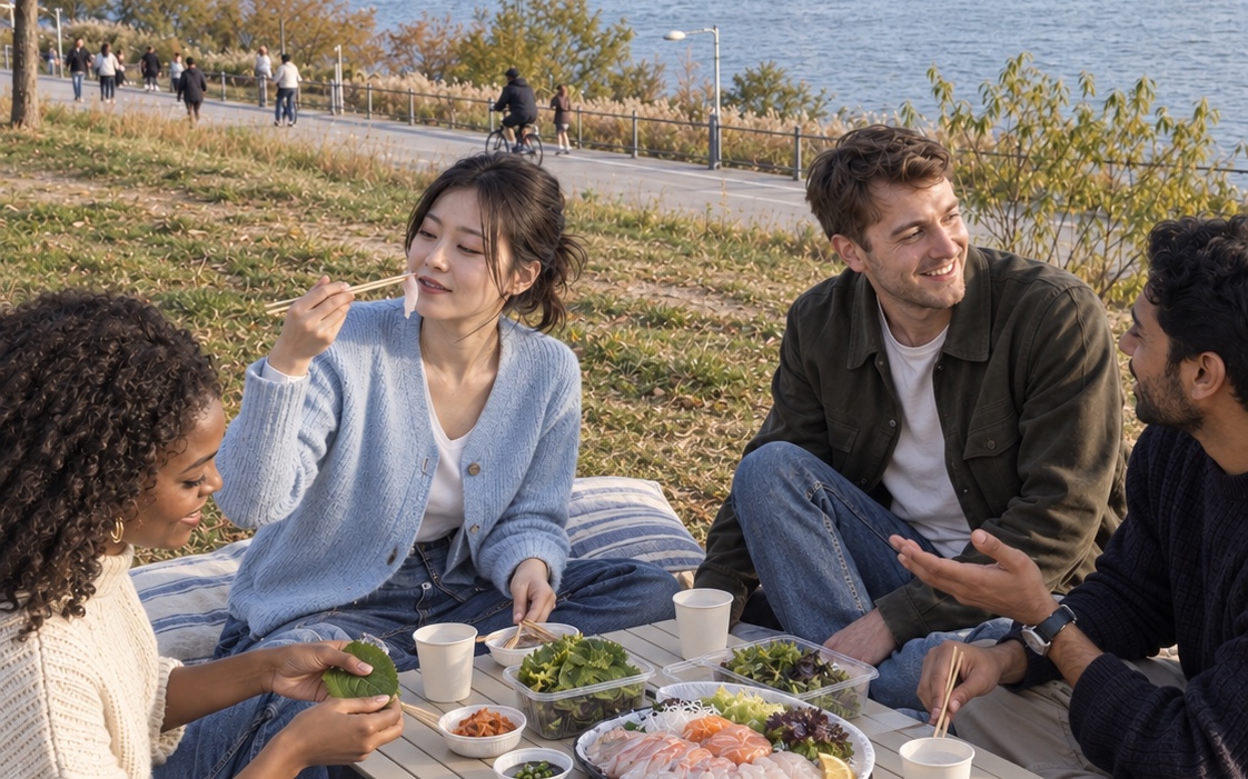 한강 둔치 돗자리에서 네 사람이 접이식 테이블 위 회를 나눠 먹는 AI 이미지