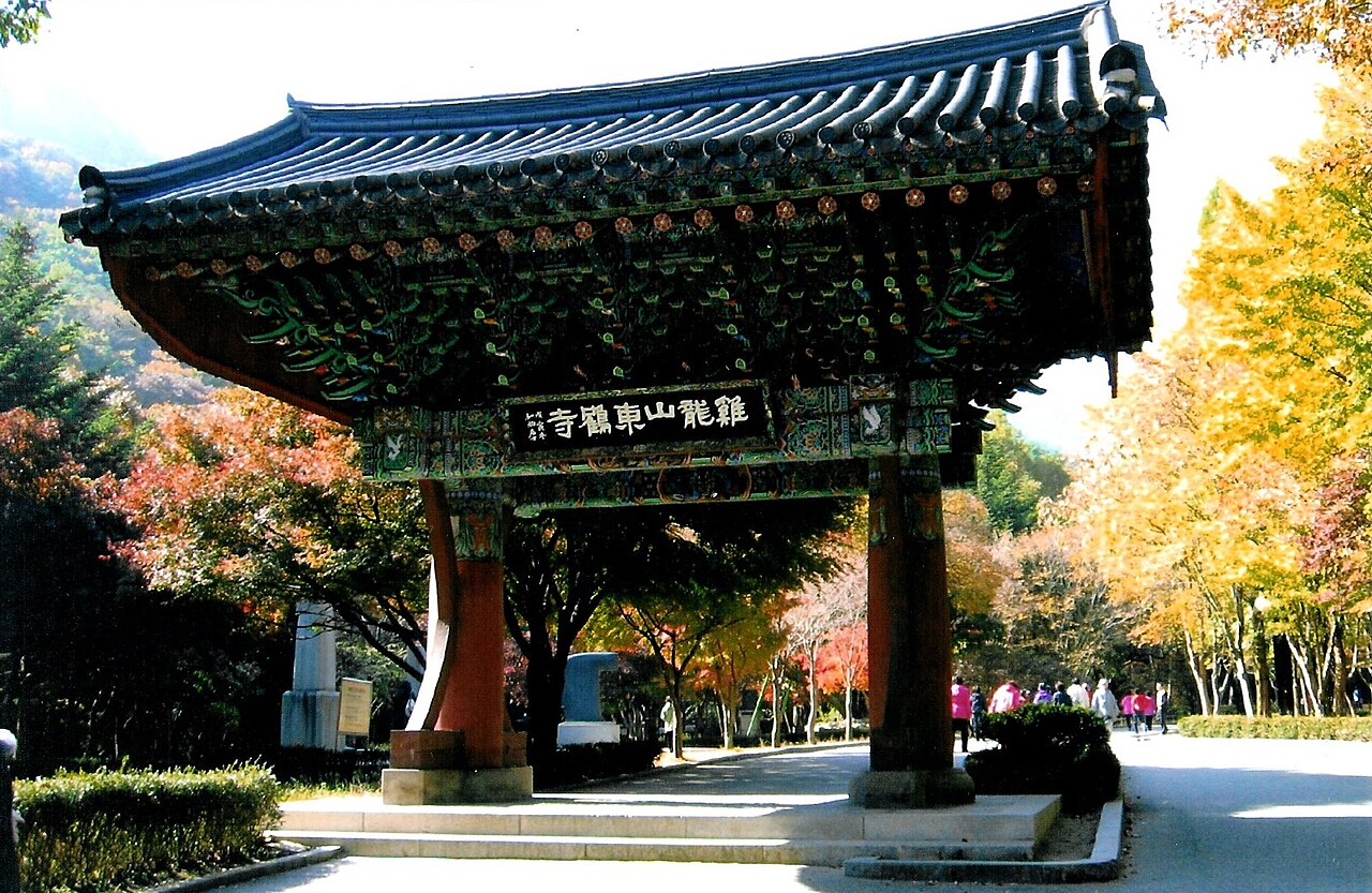 노란 단풍 가로수 옆에 선 단청 입힌 동학사 일주문