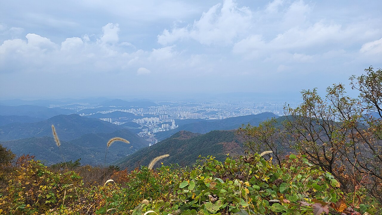 갈색으로 물든 산비탈 너머 멀리 보이는 광주 시가지