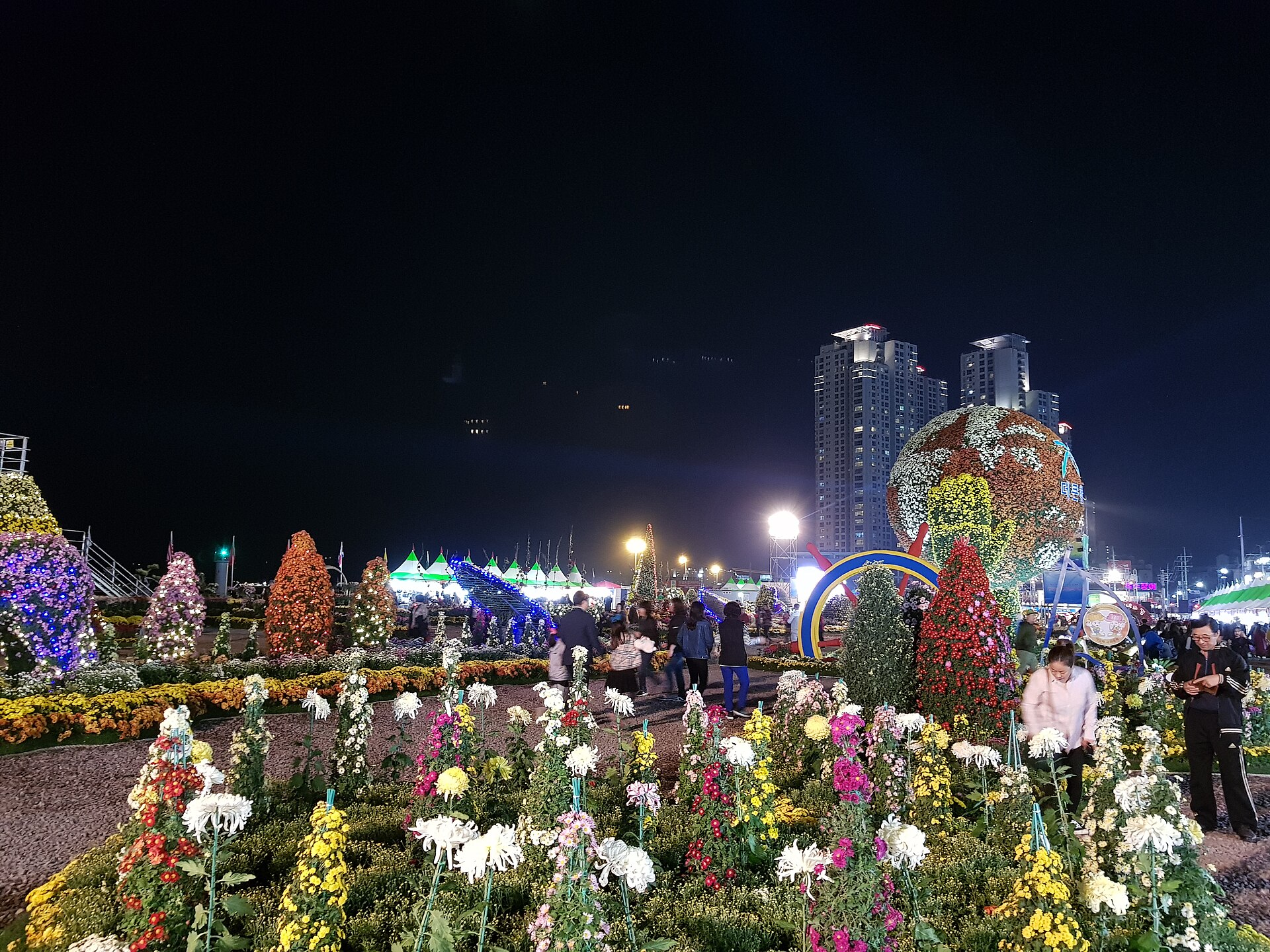 A lit chrysanthemum garden with visitors walking under a night sky
