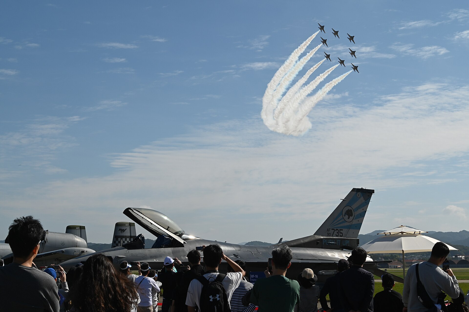 Eight Black Eagles jets trailing white smoke as spectators watch