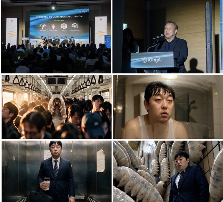 콘퍼런스 장면과 만원 지하철 속 거대 벌레, 양복 차림 남자 등 AI 스틸 네 컷을 묶은 6분할 이미지